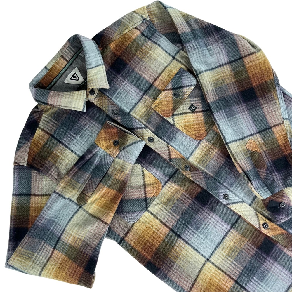 Vissla Polar Fleece Shirt Mens Large Brown Grey Plaid Regular Fit Polyester